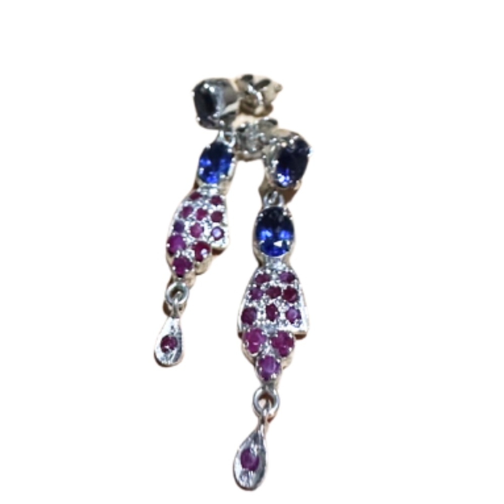 Sterling Silver Drop Earrings with Blue & Pink Gemstones